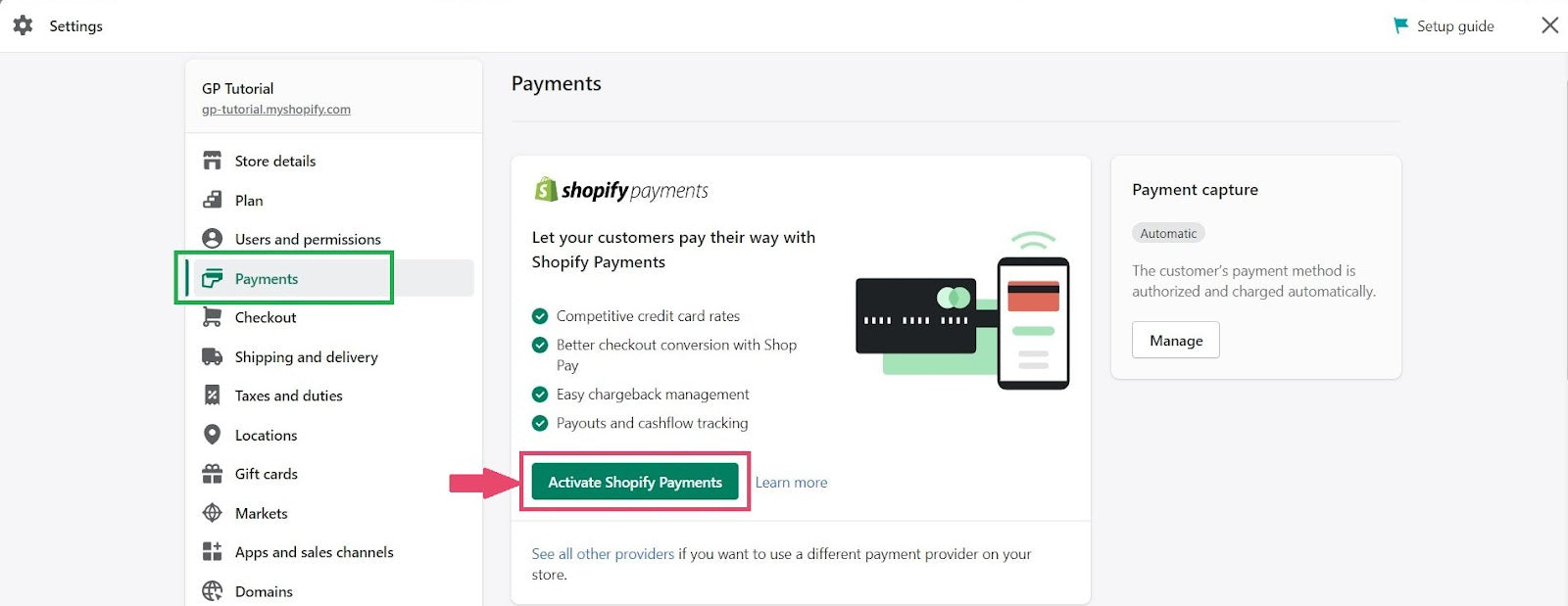 Shopify settings for Payments