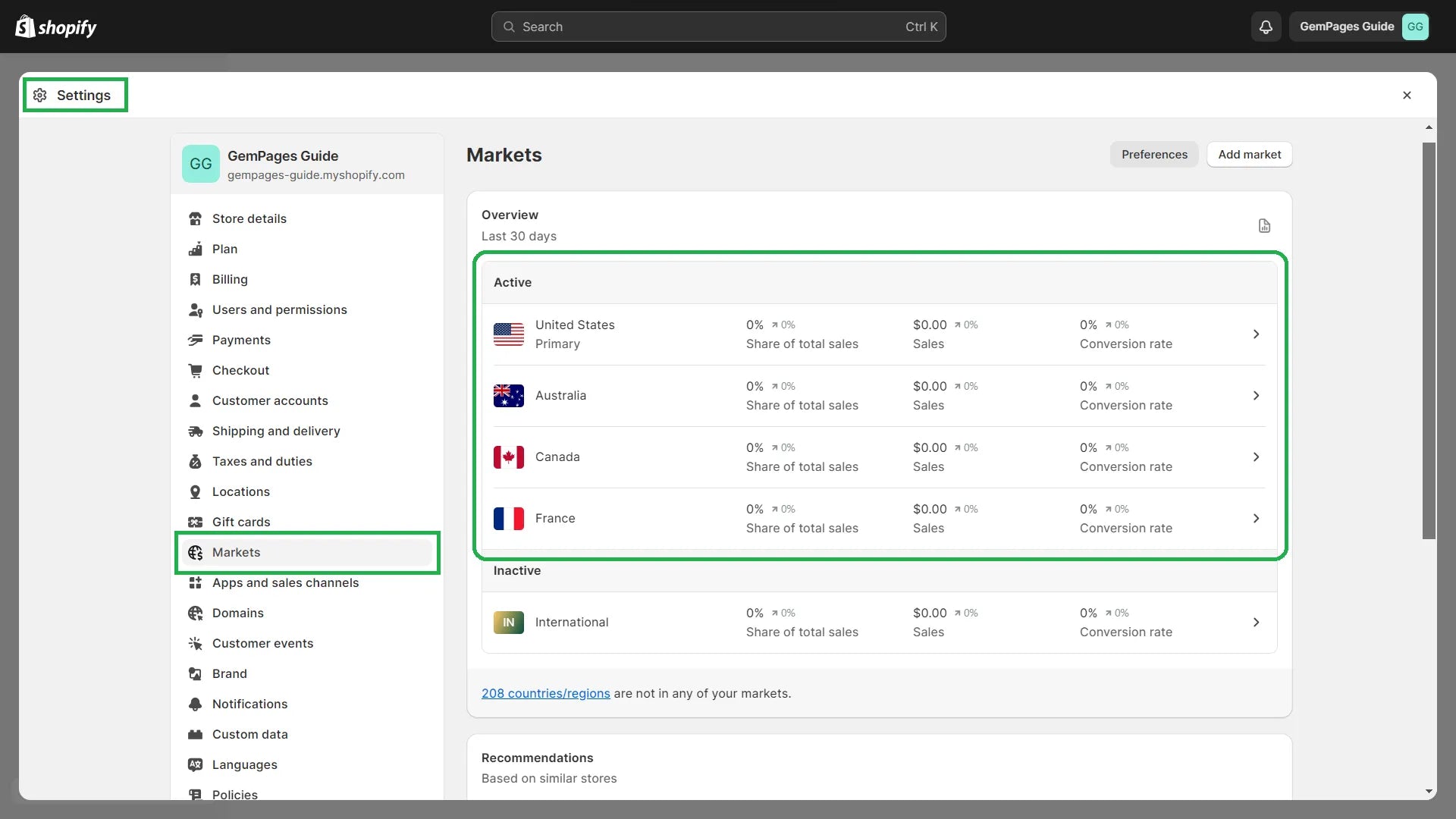 Shopify markets settings