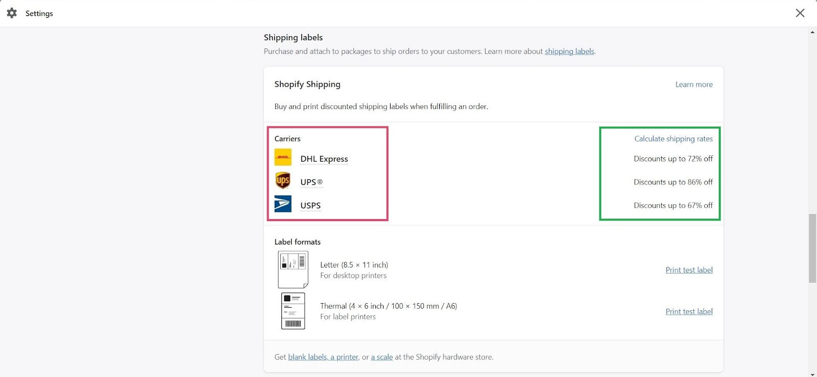 Shopify settings - Shipping labels