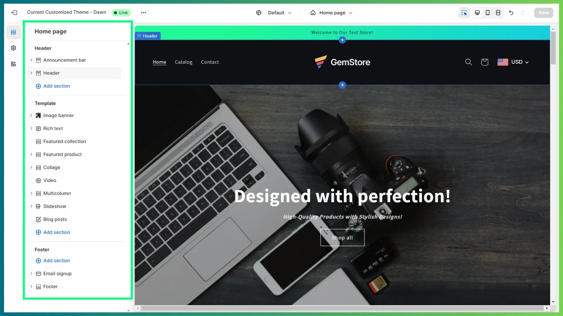 Shopify’s visual theme editor