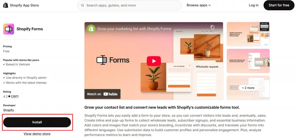 Shopify Forms app in Shopify app store