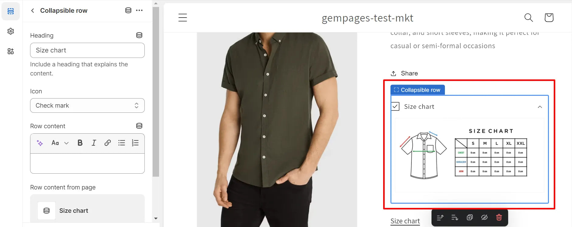 Screenshot of adding a size chart to product page template.