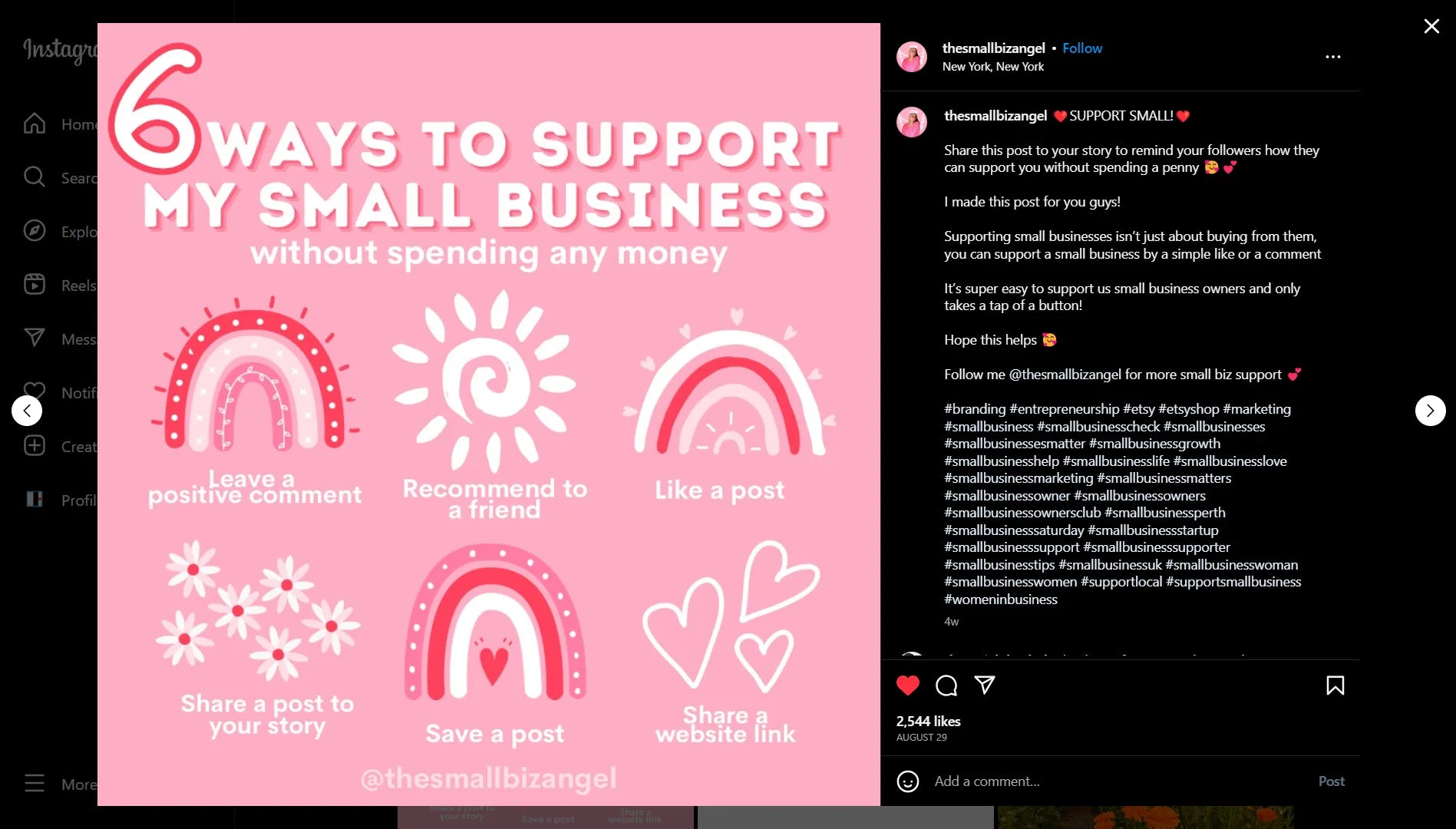 An Instagram post about supporting a small business