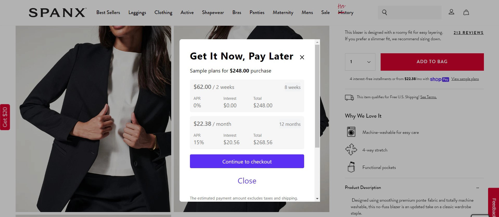 Spanx’s product page with the Shop Pay option