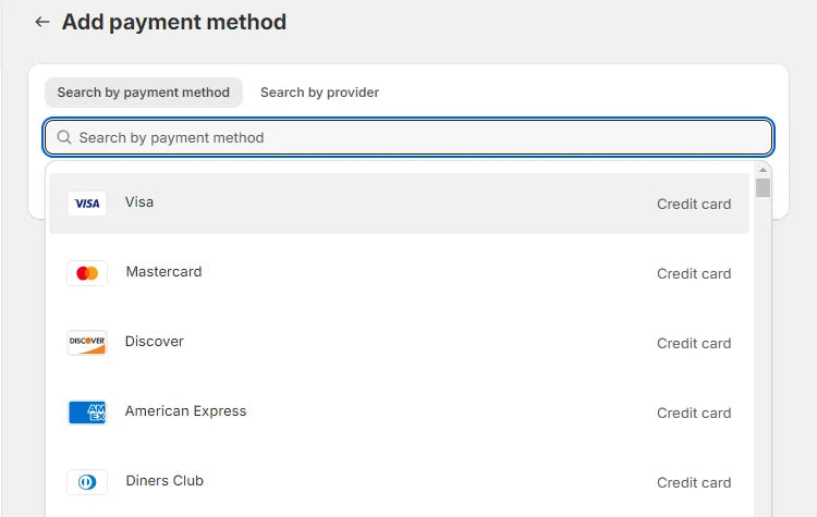 Shopify offers a variety of payment methods, including Visa, Mastercard
