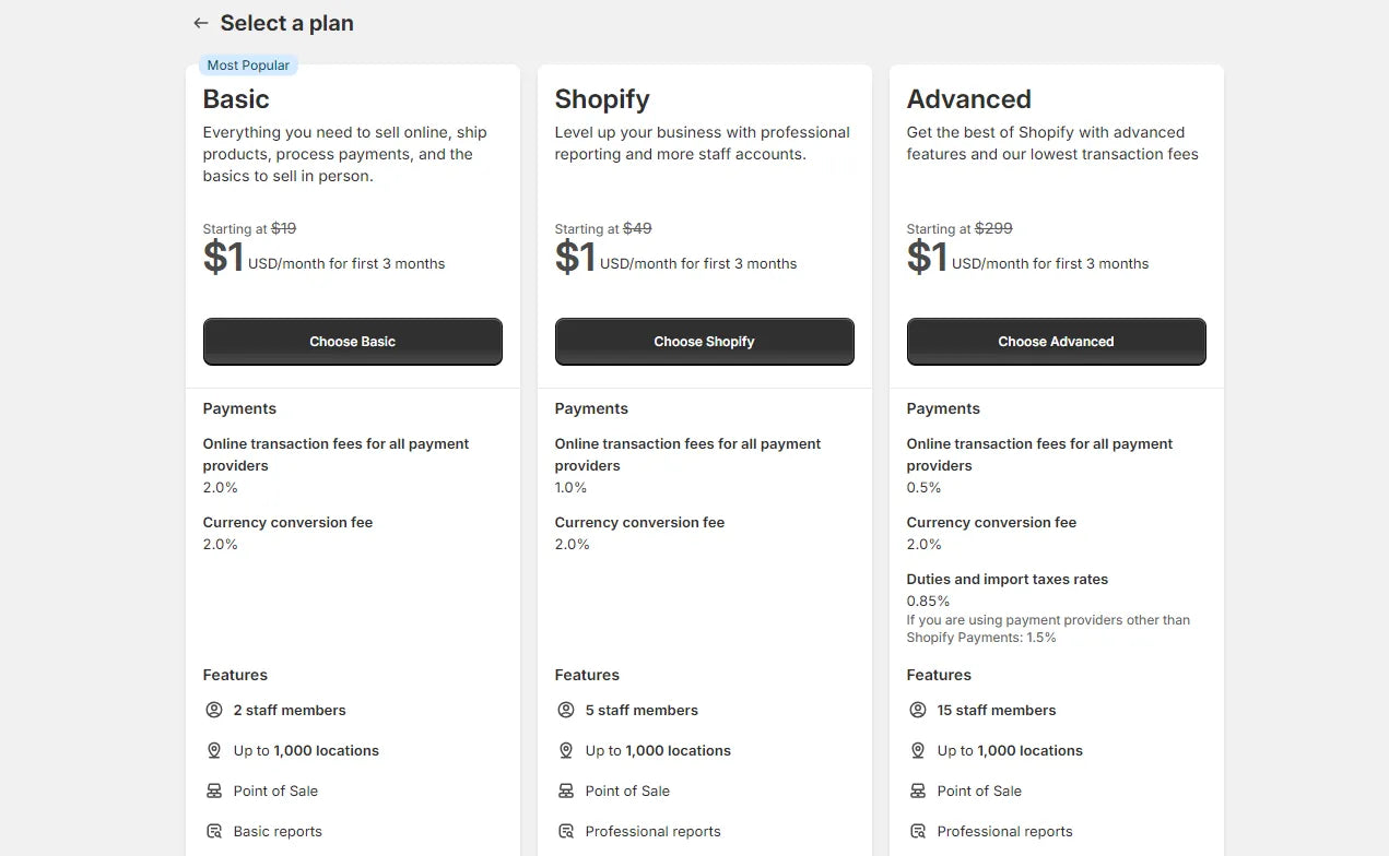 Shopify subscription plans starting at 1$