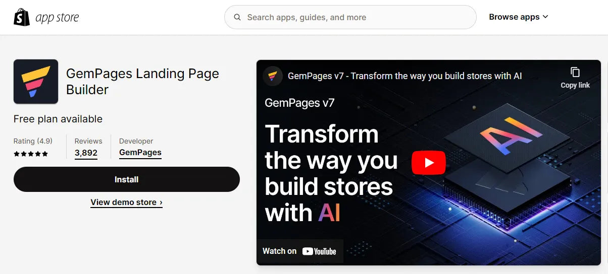 GemPages Landing Page Builder in Shopify app store