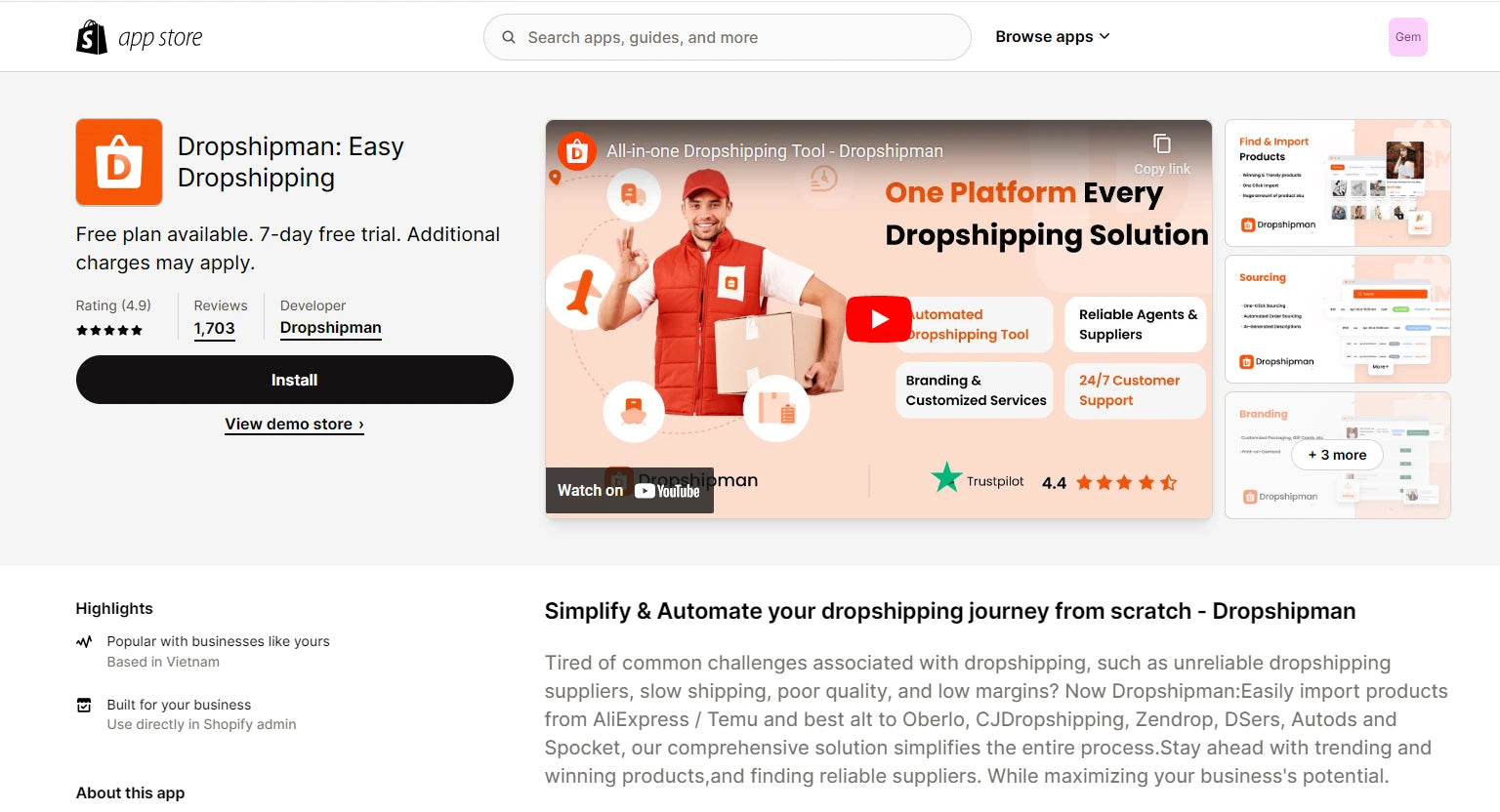 Dropshipman: Easy Dropshipping app in Shopify Admin page
