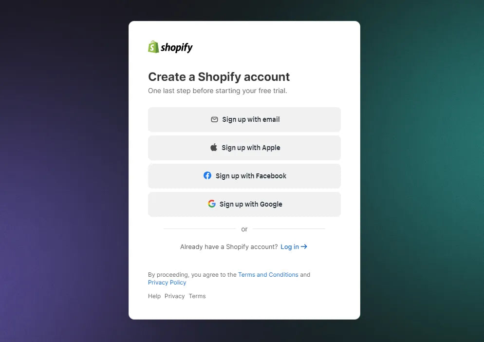 Shopify sign up for free