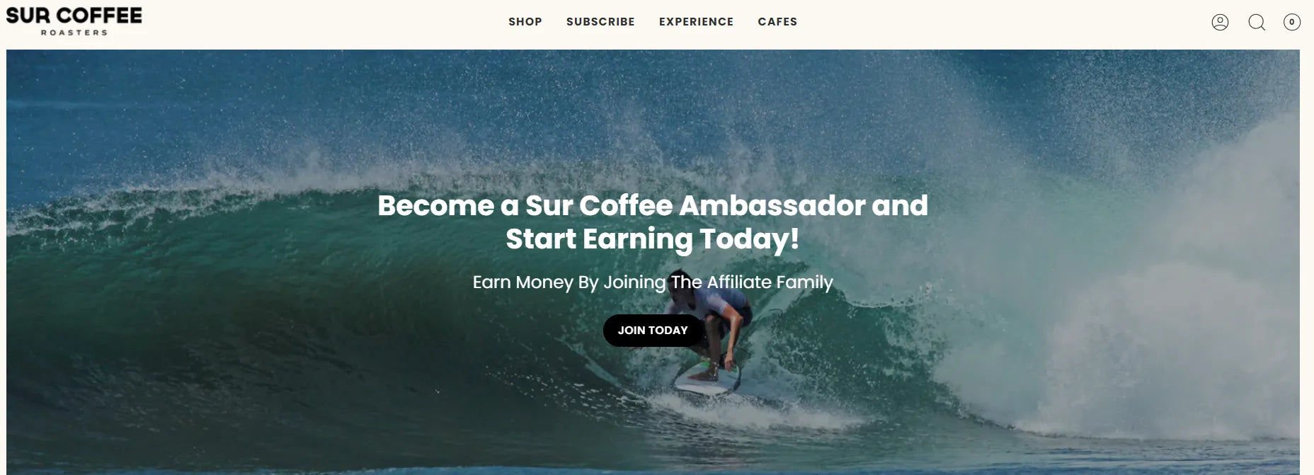 A screenshot of Sur Coffee’s ambassador landing page hero banner.