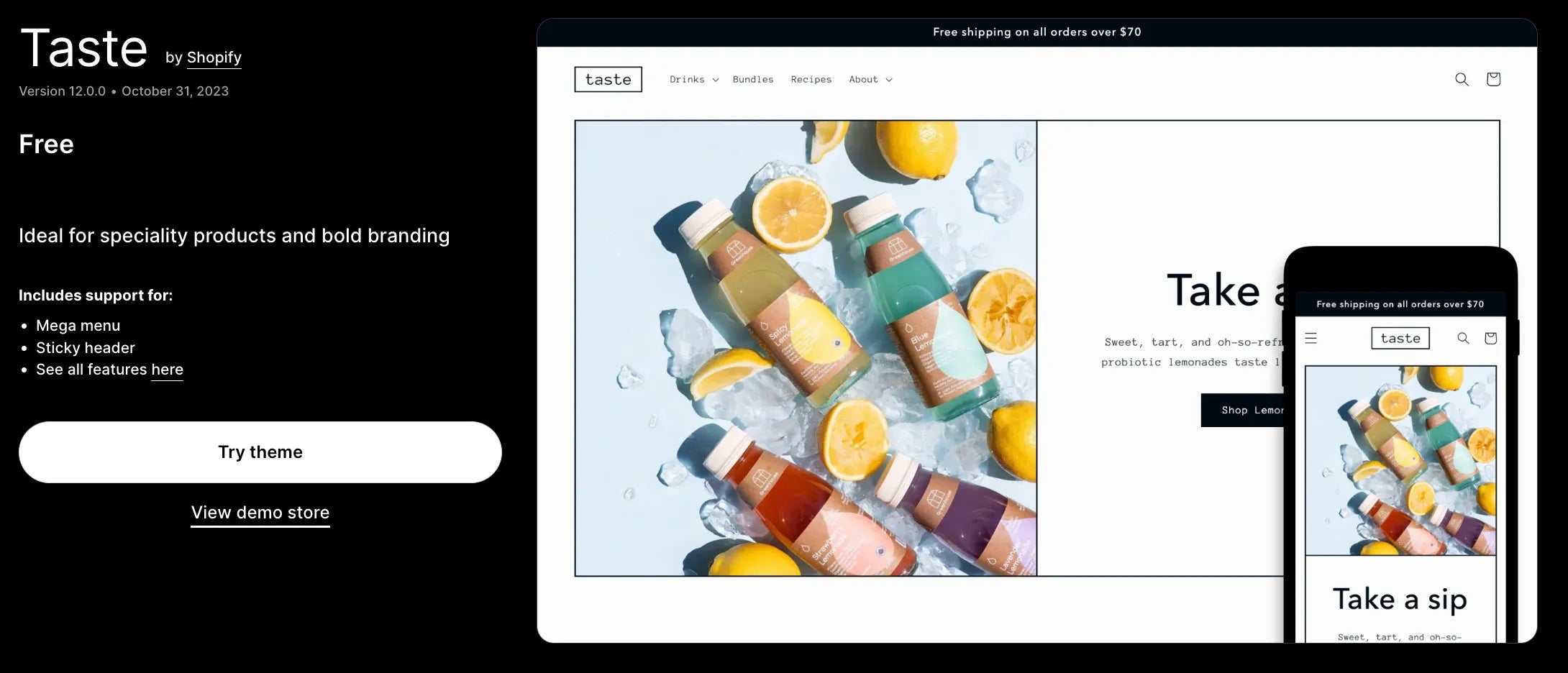 A screenshot of Taste a free Shopify blog theme.