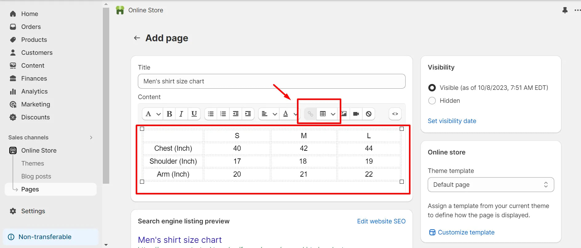 Captura de pantalla que muestra cómo agregar una tabla de tamaño de texto.