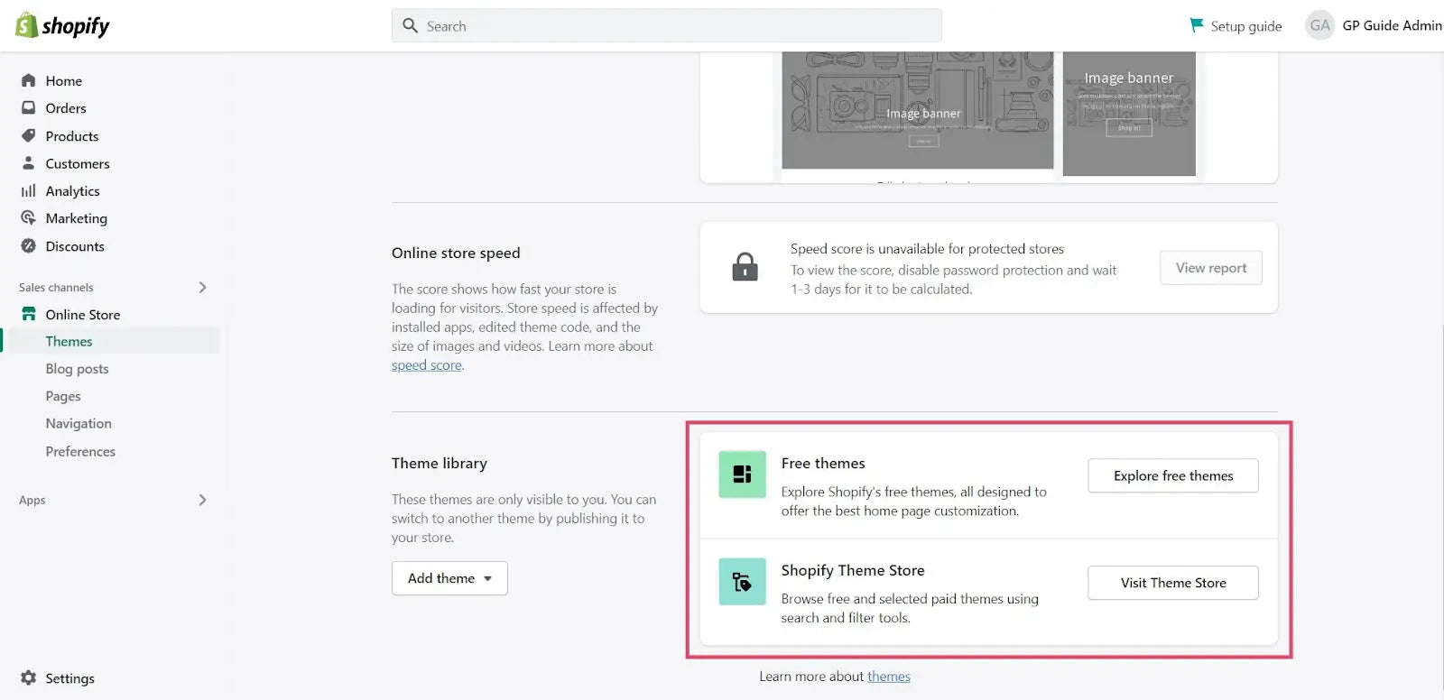 Shopify 控制面板的屏幕截图，其中突出显示了“主题”