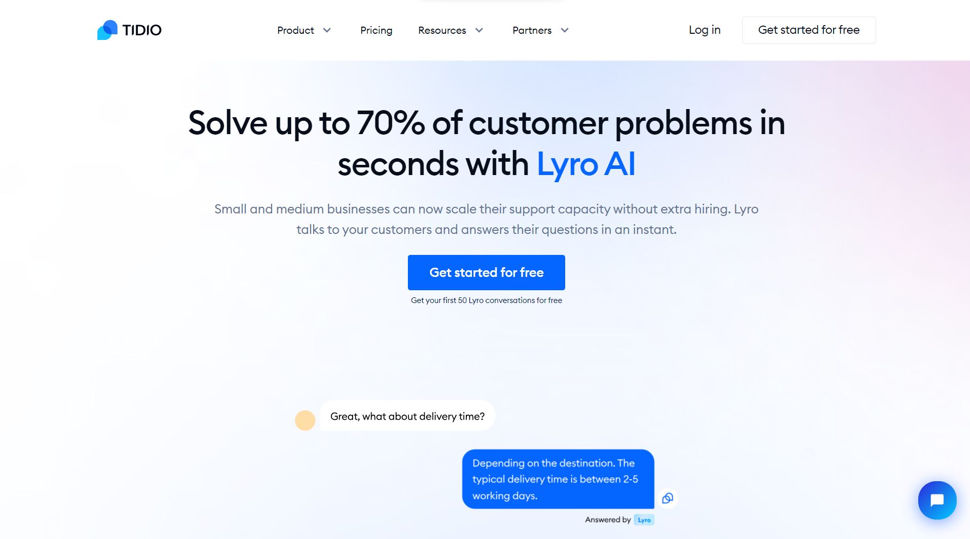 Tidio’s product page for Lyro AI chatbot
