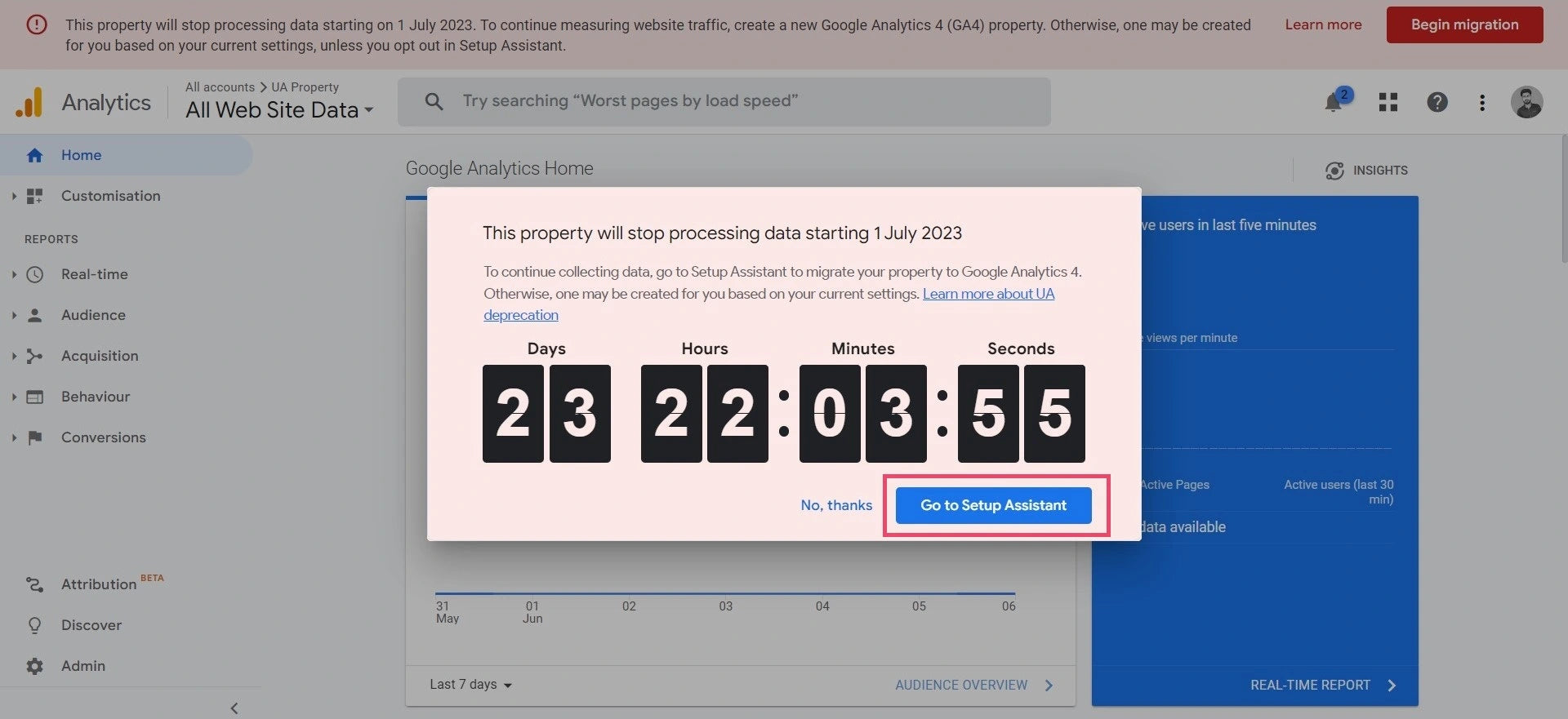 Notificación de Google para una propiedad de Universal Analytics