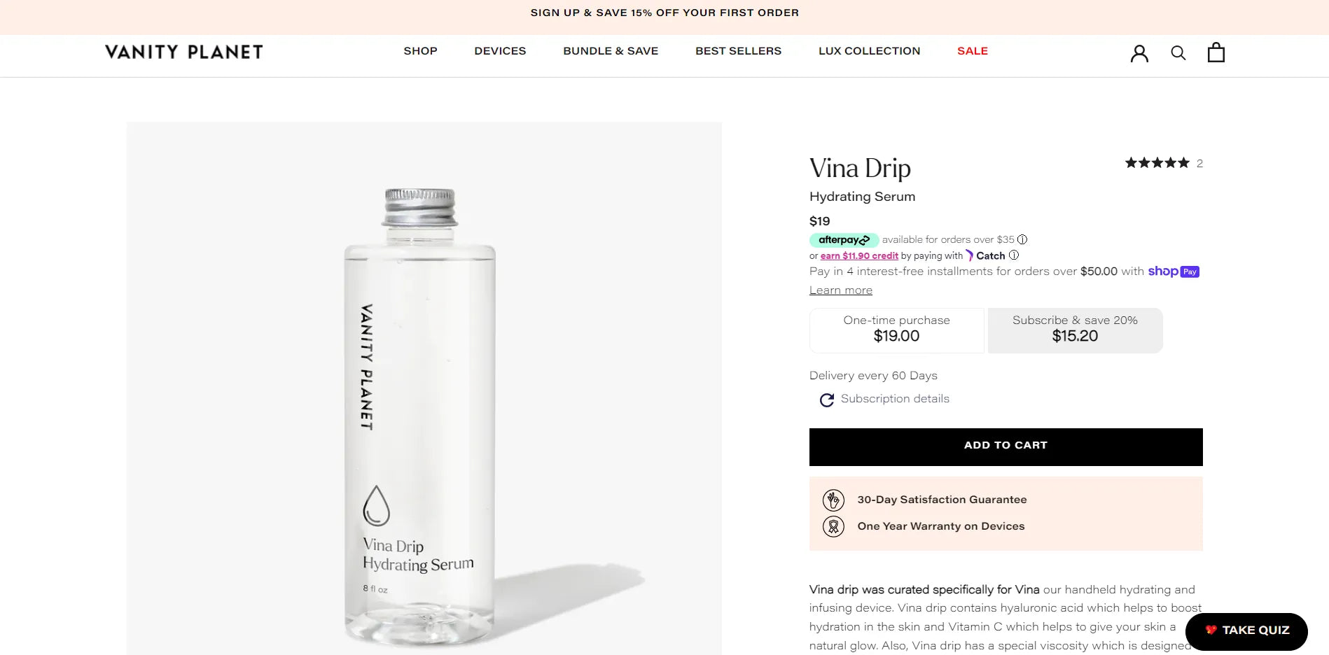 Screenshot of Vanity Planet’s product page.