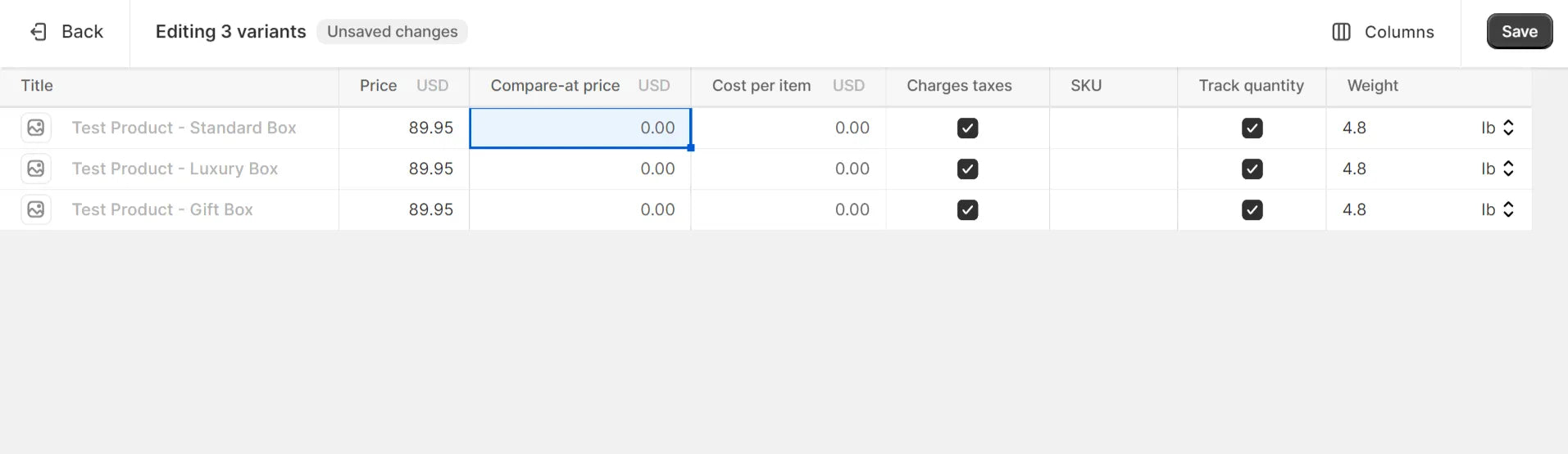 Bulk editing product variants