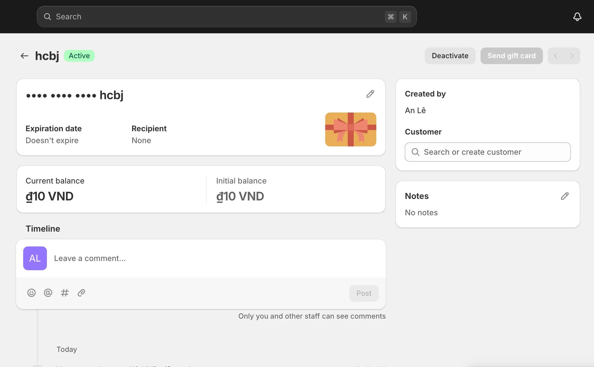 Revisar información sobre la tarjeta de regalo de Shopify