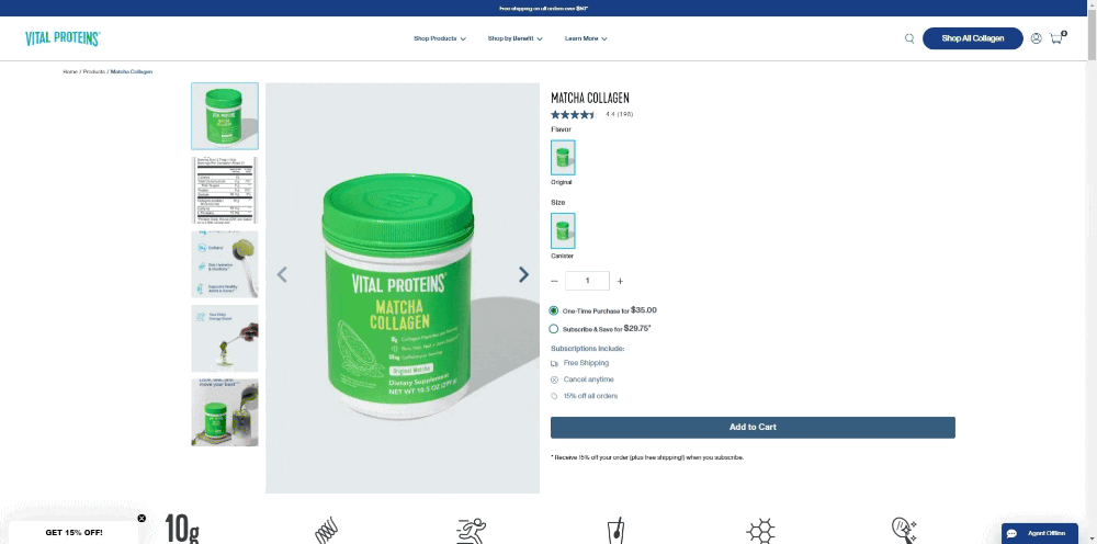 Screen capture Vital Proteins’s product page