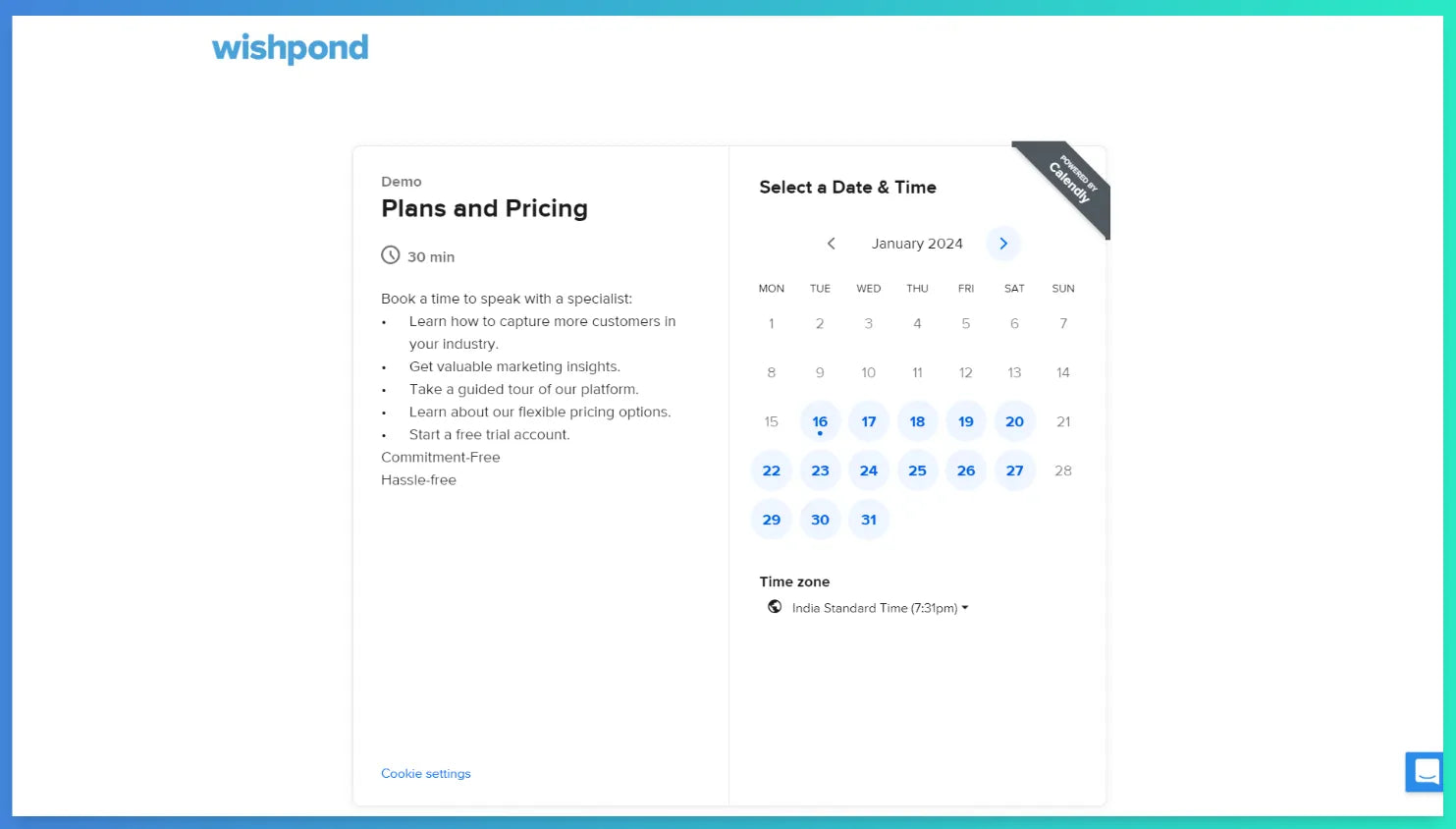 Calendly booking on the Wishpond pricing page
