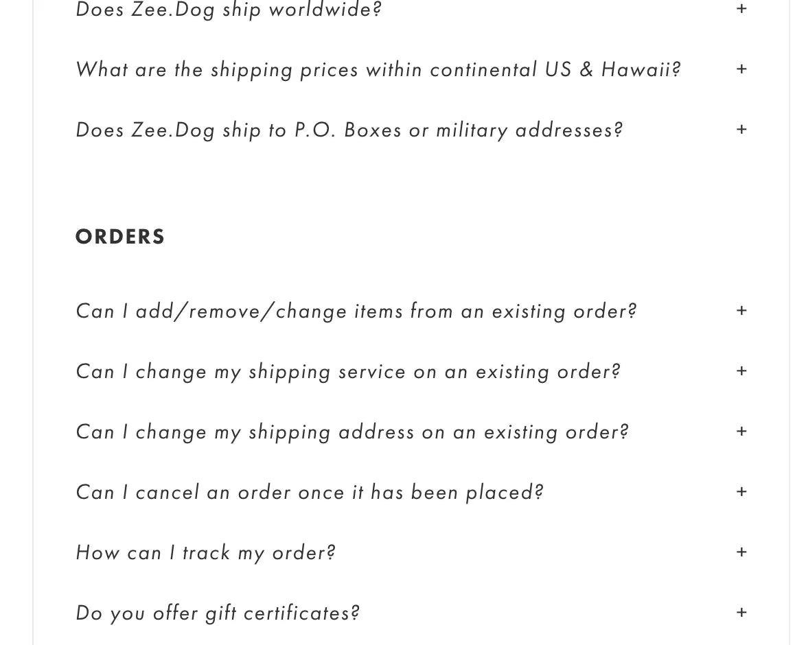 Zee Dog 常见问题解答页面的屏幕截图。
