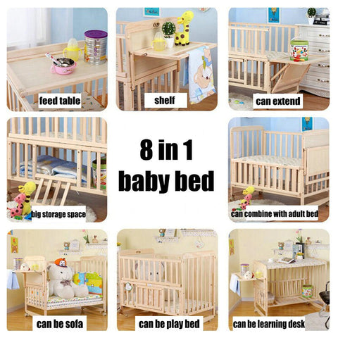8 In1 Wood Baby Bed With Shelf Extended Baby Crib 3 Grade Height