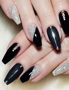 Matte black with rhinestones  Nails design with rhinestones, Rhinestone  nails, Black nail designs