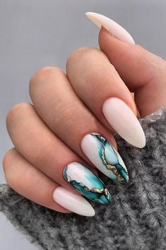  White and Green Marble Nail Design