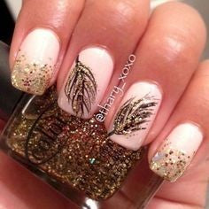 Golden Feather Nail Designs