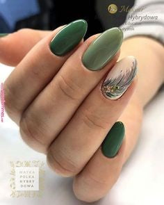 Green Feather Nail Designs