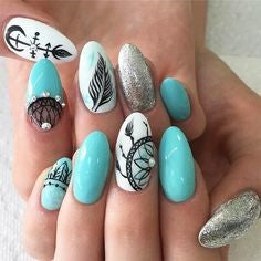 Turquoise Feather Nail Designs