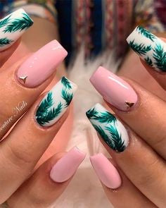 Green Leaves Pink Nail Design