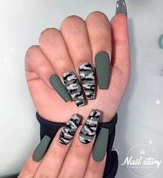  Green Camouflage Coffin Nail Design