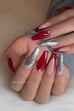 Red and Sliver Acrylic Nail Design