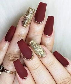 Gold and Red Acrylic Nail Design