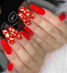 Gold Sequins Red Acrylic Nail Design