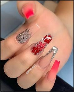 Red Flower Acrylic Nail Design