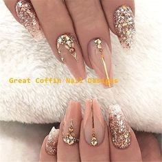  Newest Nail Designs-25 Gold Rhinestone coffin nails