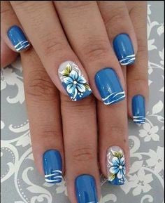 Flowers with blue marine nail design