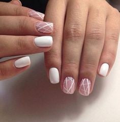 White line nail design on pink background