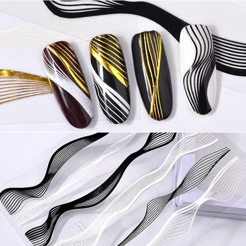 3D Gold Metal Wave Strip Multi-size Lines Nail Stickers
