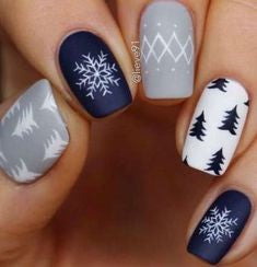 Matte blue grey snowflake with tree winter nail design