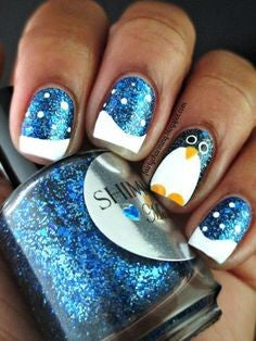 Cute Penguin French glitter winter nail design