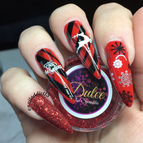 Red Black Christmas Long Nail Stamping Design