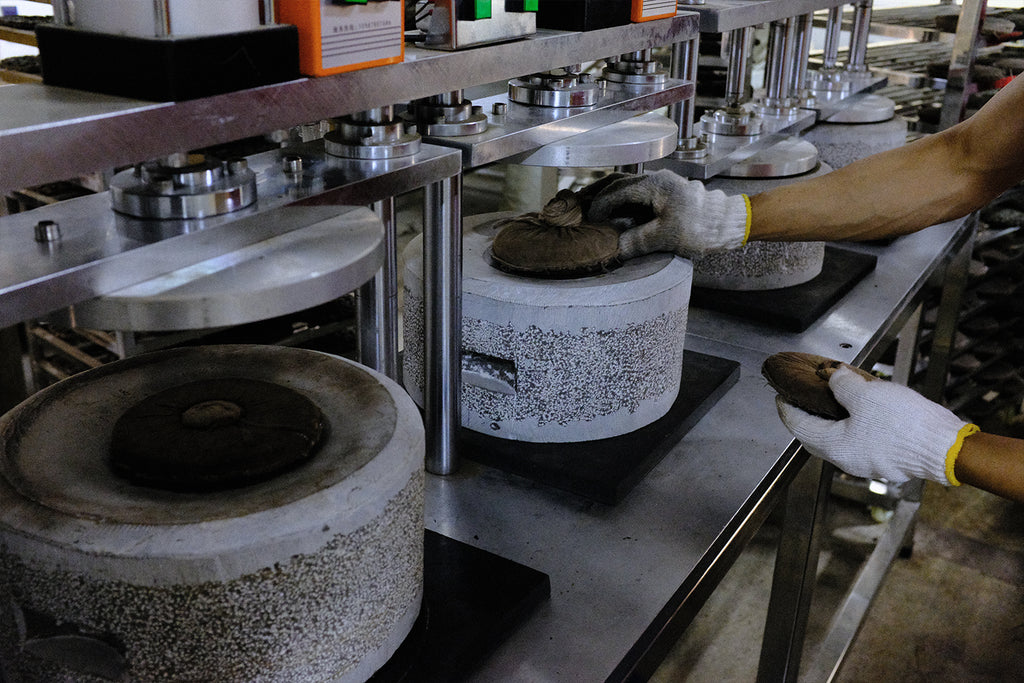Pu-erh tea cakes being compressed in a hydraulic press