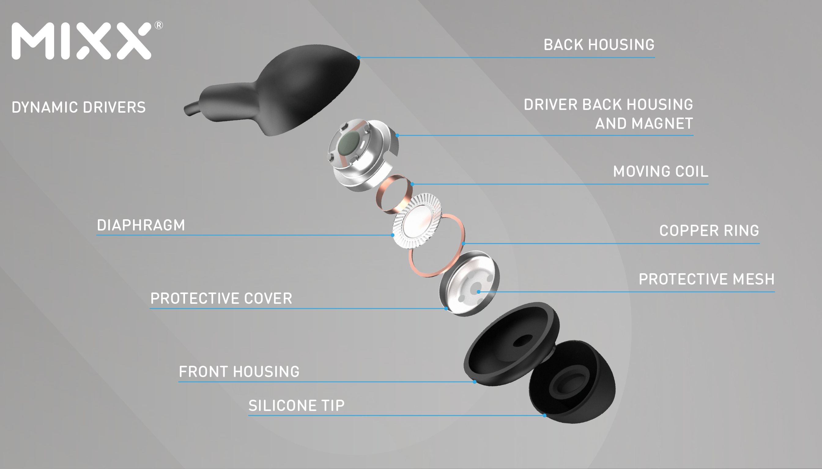Exploded diagram showing inners of earbuds