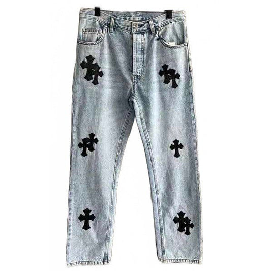 CHROME HEARTS LEATHER PATCHWORK DENIM