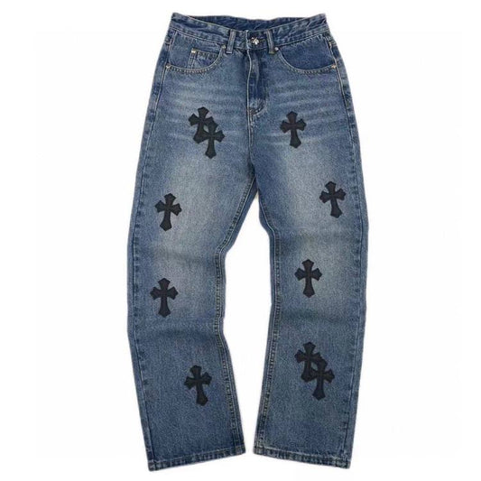 CHROME HEARTS LEATHER PATCHWORK DENIM