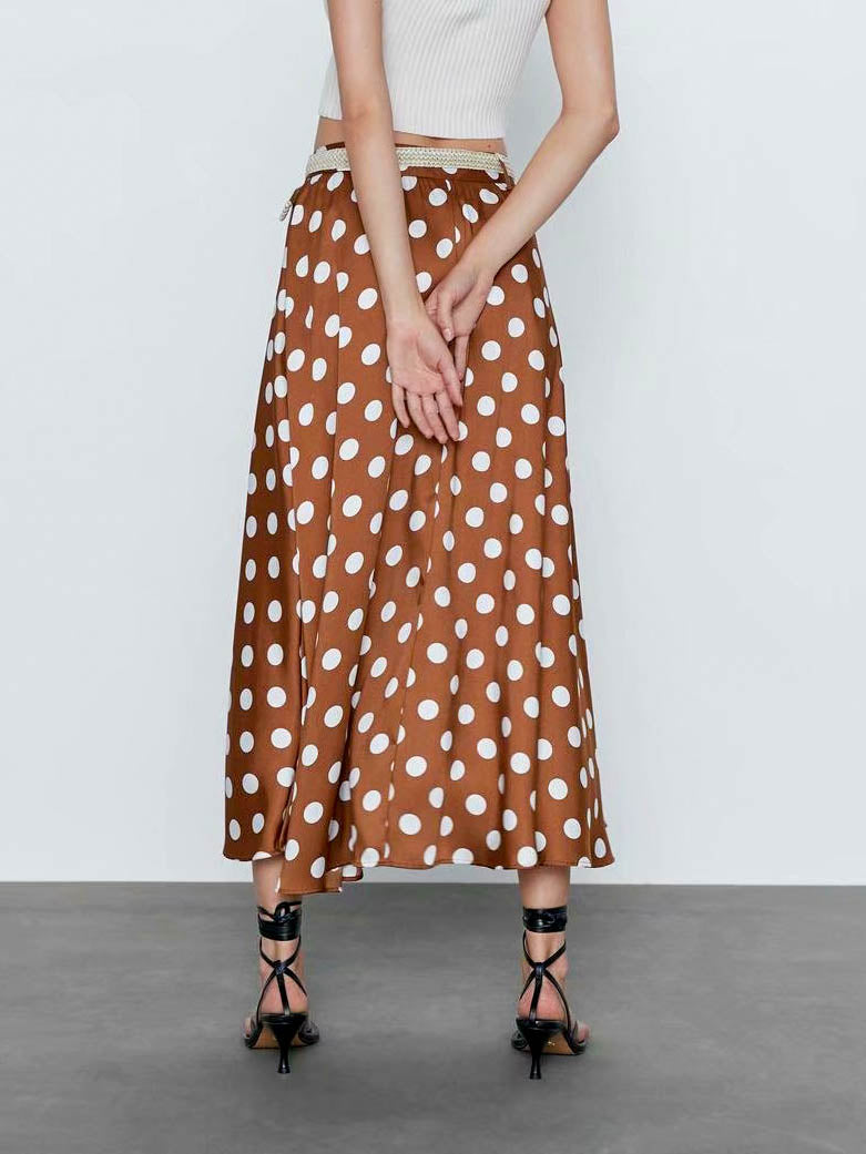 Brown Polka Dot Button-Down Midi Skirt with A Straw Belt