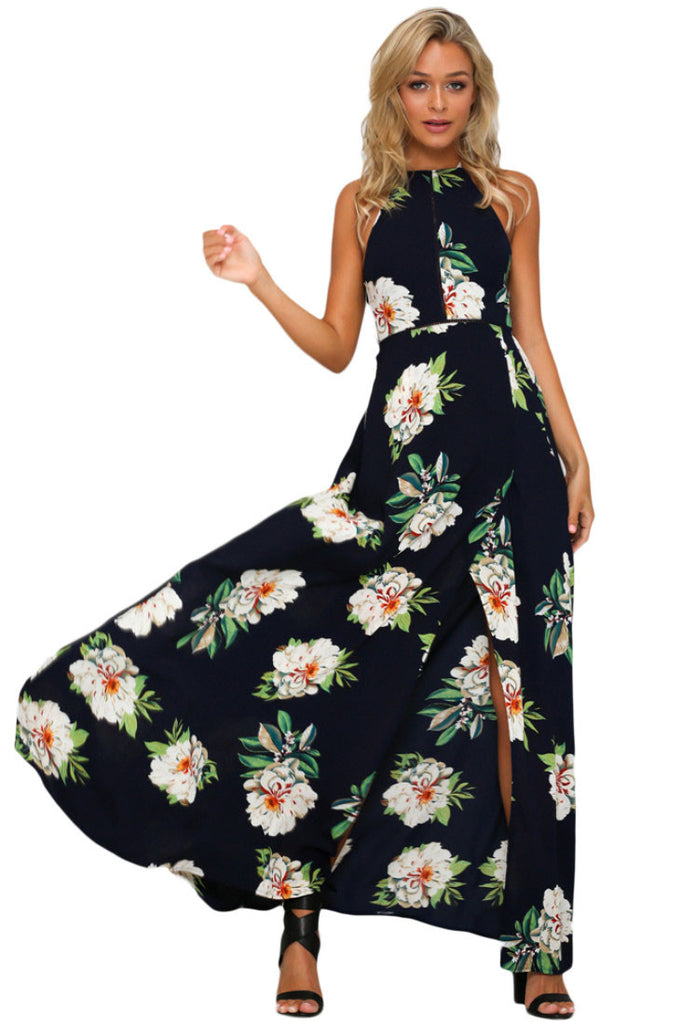 Black Floral Cutout Back Halter Split Maxi Boho Dress – INXCY